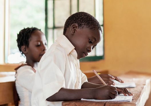 A male pupil seated at a desk writes using a pencil during a lesson.   